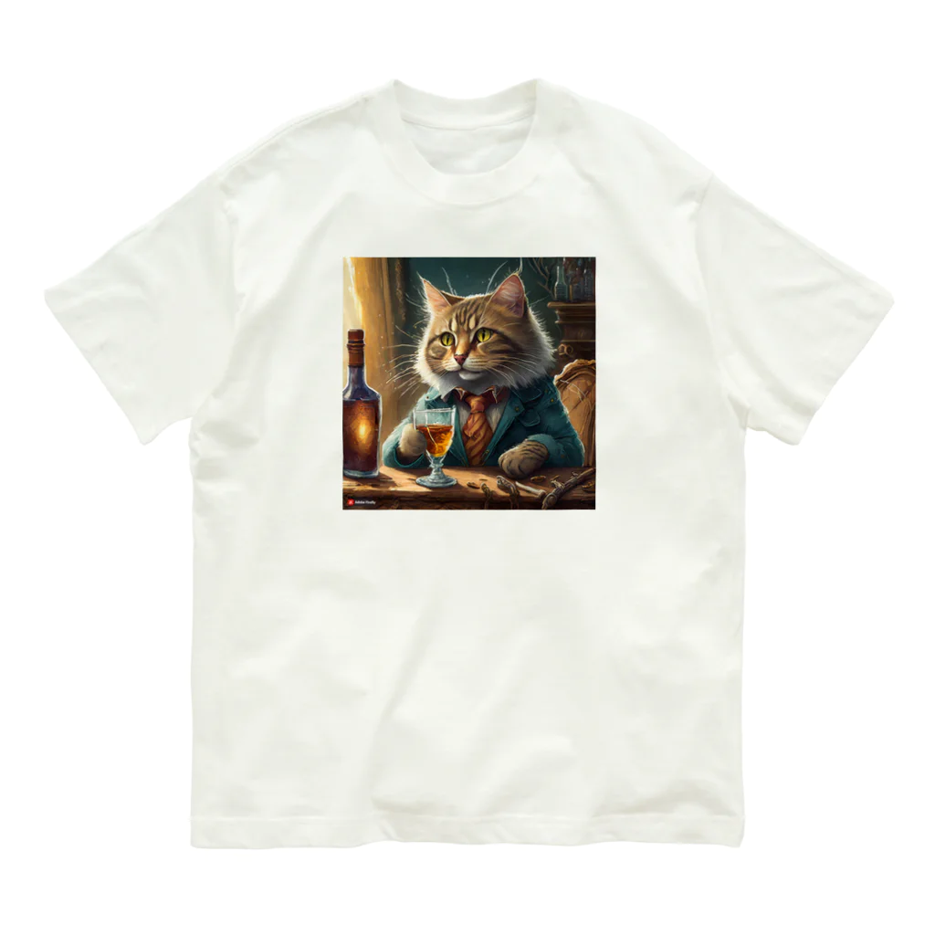 飲酒ちゃんの酒が好きな猫（社長） オーガニックコットンTシャツ