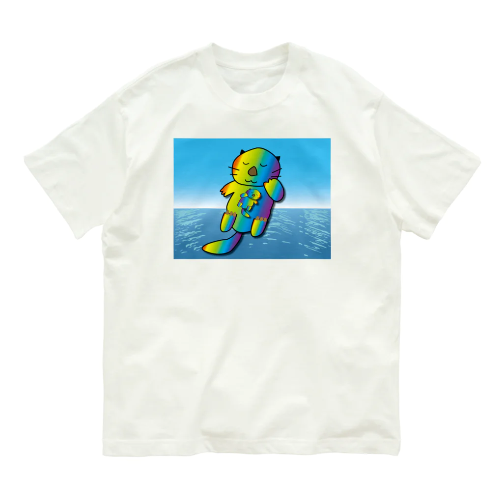 Drecome_Designの【レインボーカラー】おねんね海獺(ラッコ)親子 Organic Cotton T-Shirt