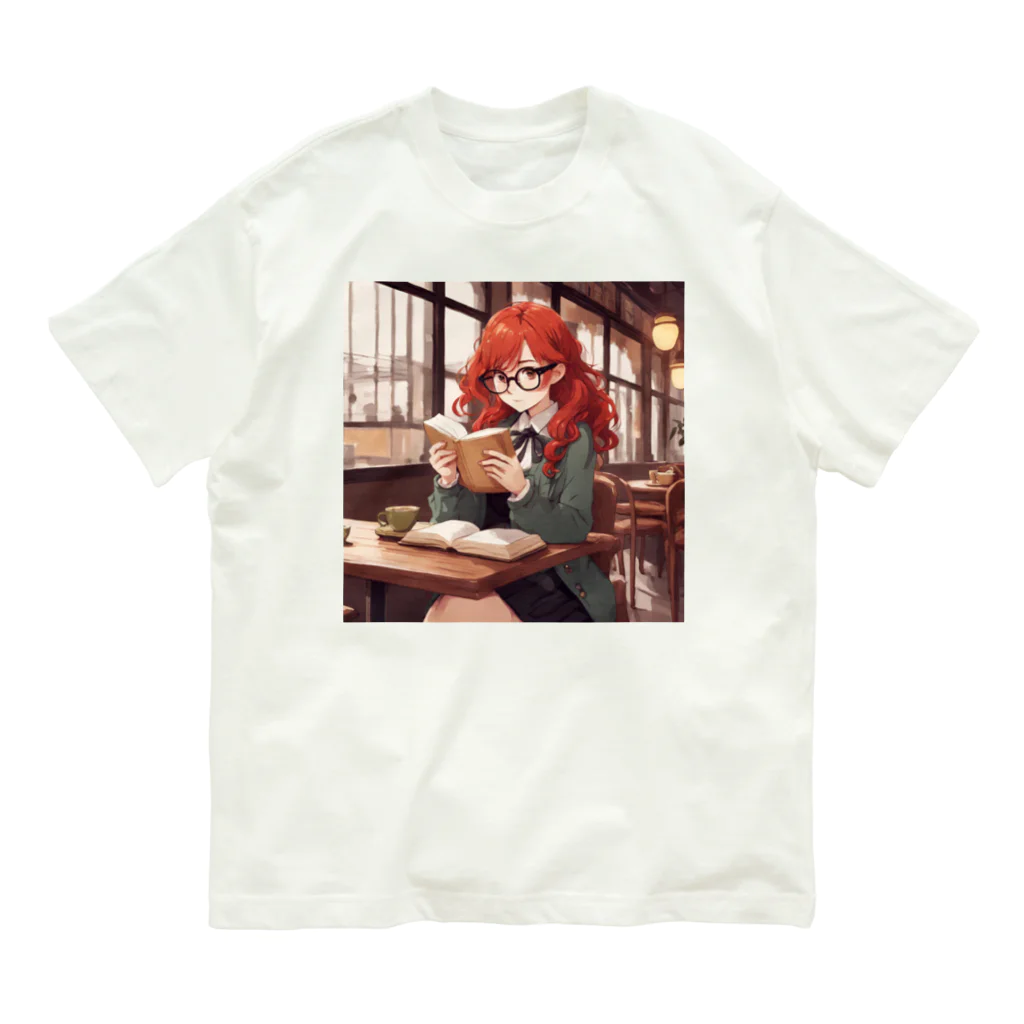 プリンゴブリンの赤毛の読書メガネさん オーガニックコットンTシャツ