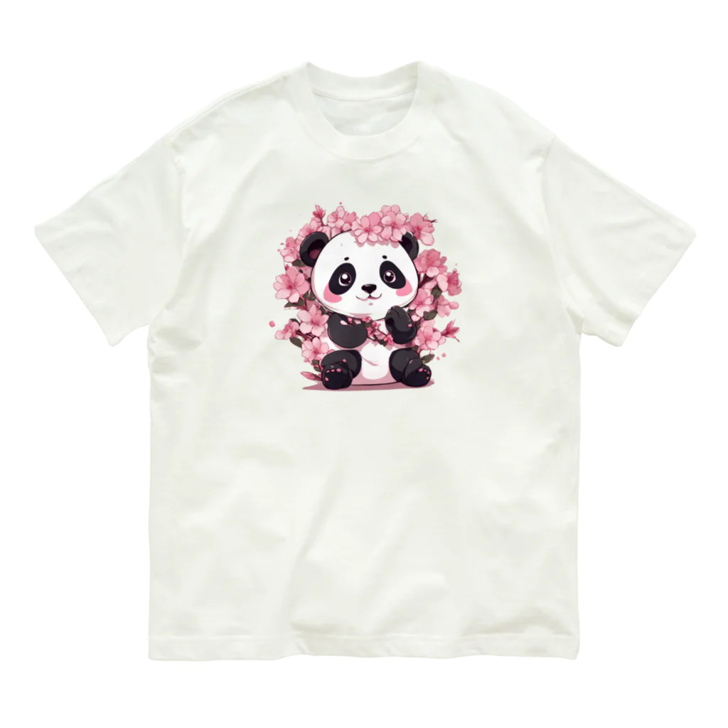 waterpandaの満開桜とパンダ オーガニックコットンTシャツ