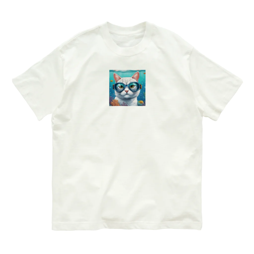 DezamaLandの水中ゴーグルを着ける猫 オーガニックコットンTシャツ