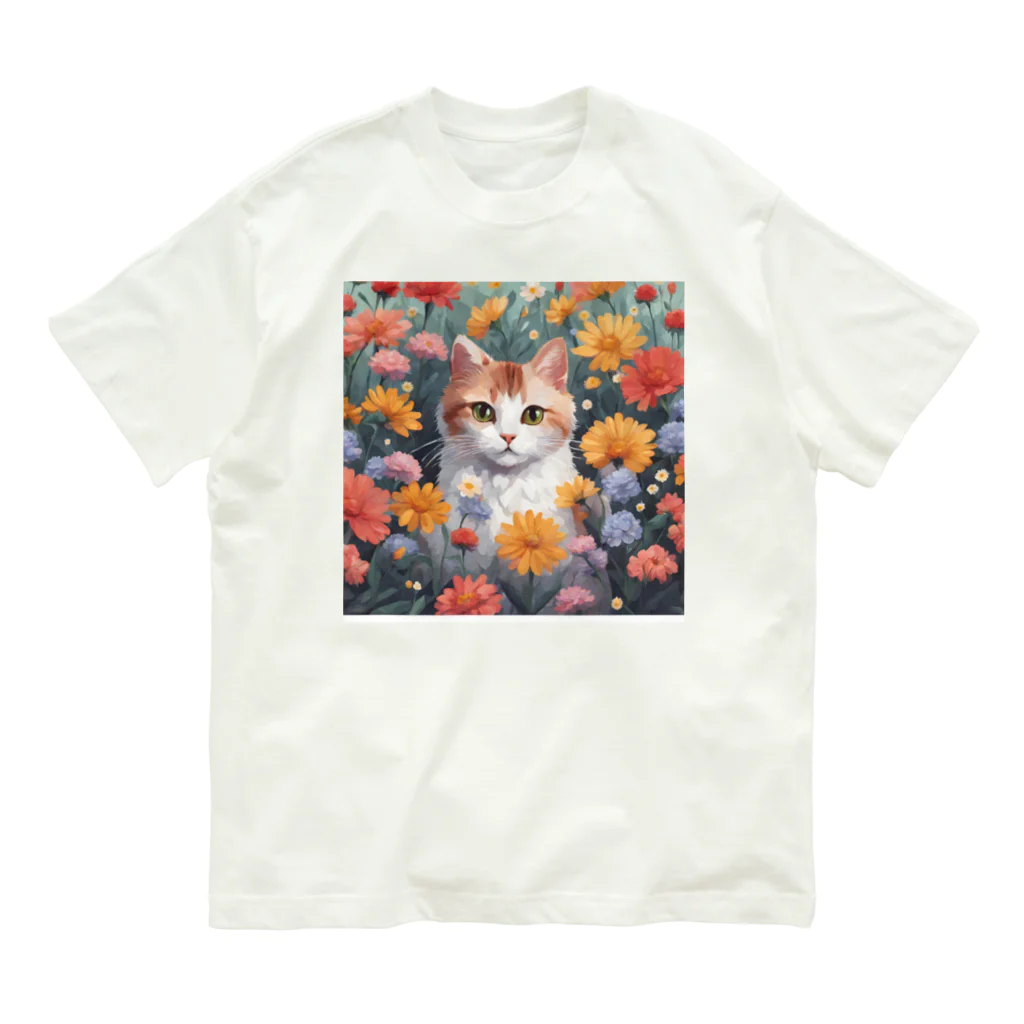 FLOWERアニマルのロココFLOWERキャットコスモス オーガニックコットンTシャツ