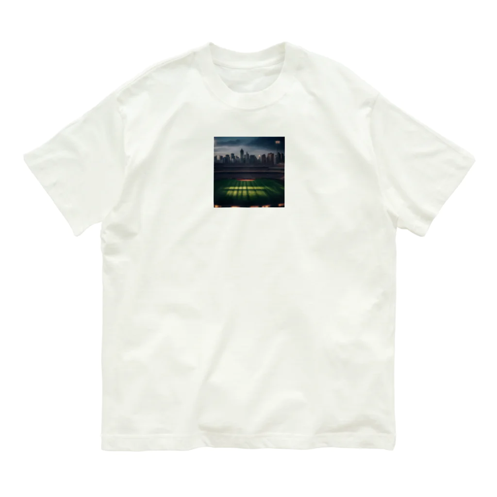 dream_canvasの空にそびえる高層ビルとスポーツスタジアムの壮大な景色。 オーガニックコットンTシャツ