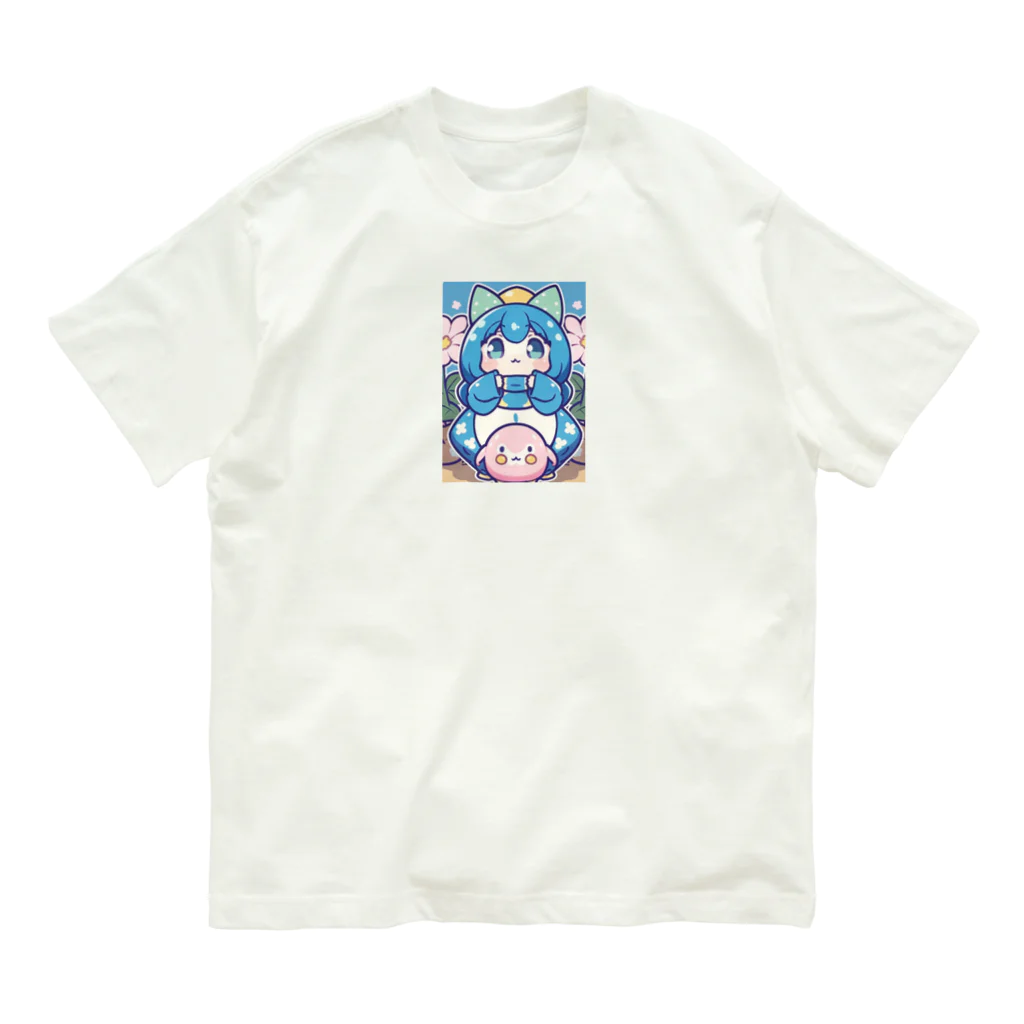 カピパーラ🐻の青い髪の姫とピンクのかわいい生物♪ Organic Cotton T-Shirt