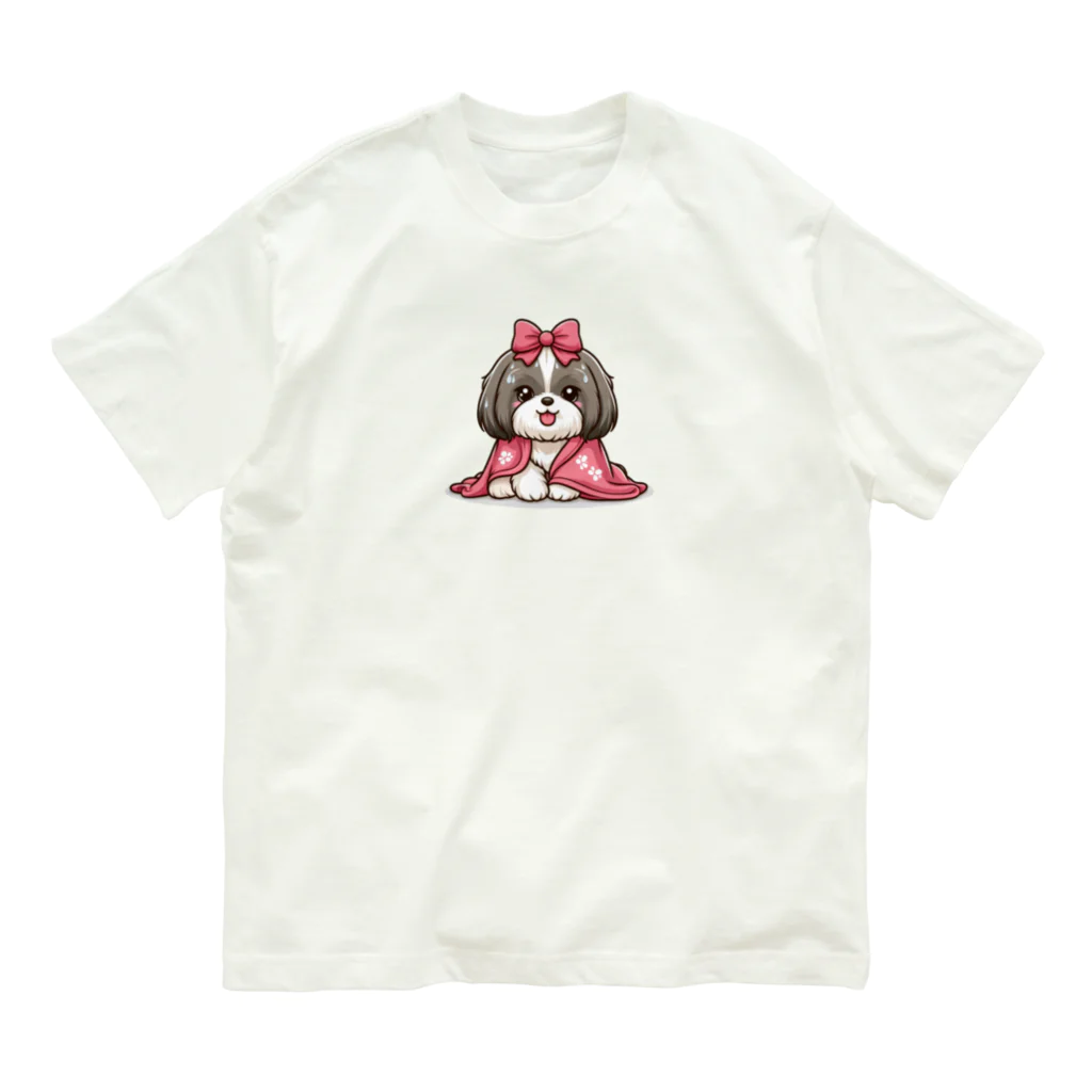 ワンコとにゃんちゃんズの毛布にくるまるシーズー Organic Cotton T-Shirt