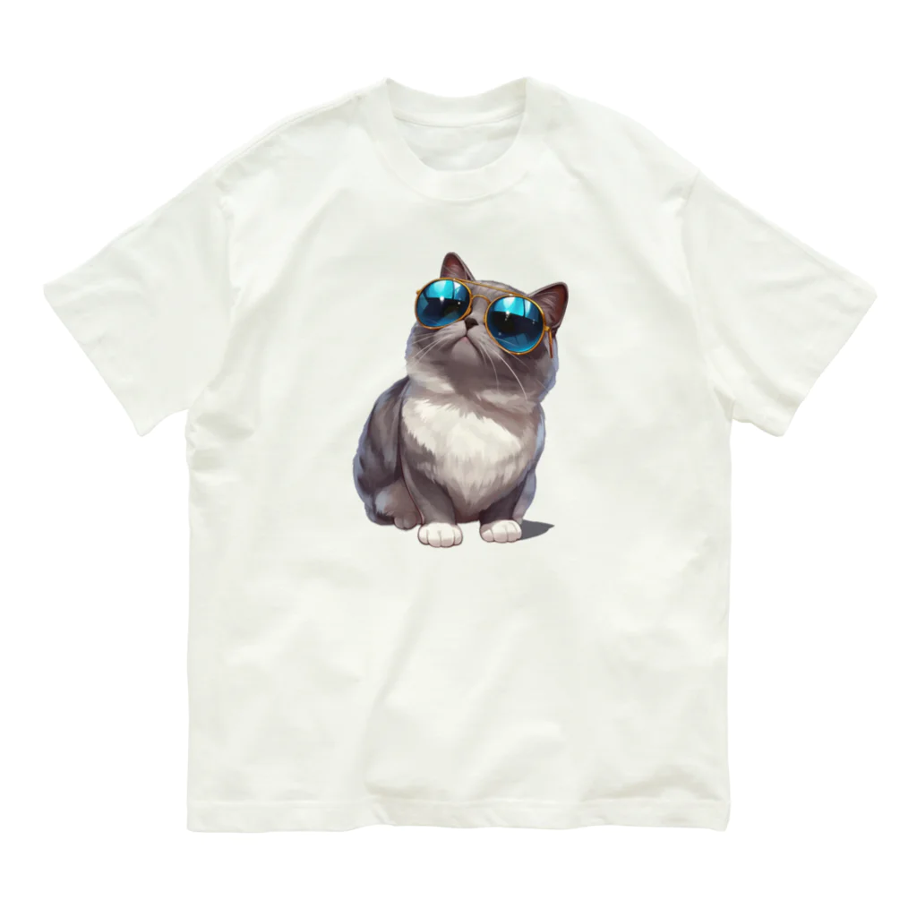 AQUAMETAVERSEのサングラスをかけた、かわいいネコ Marsa 106 オーガニックコットンTシャツ