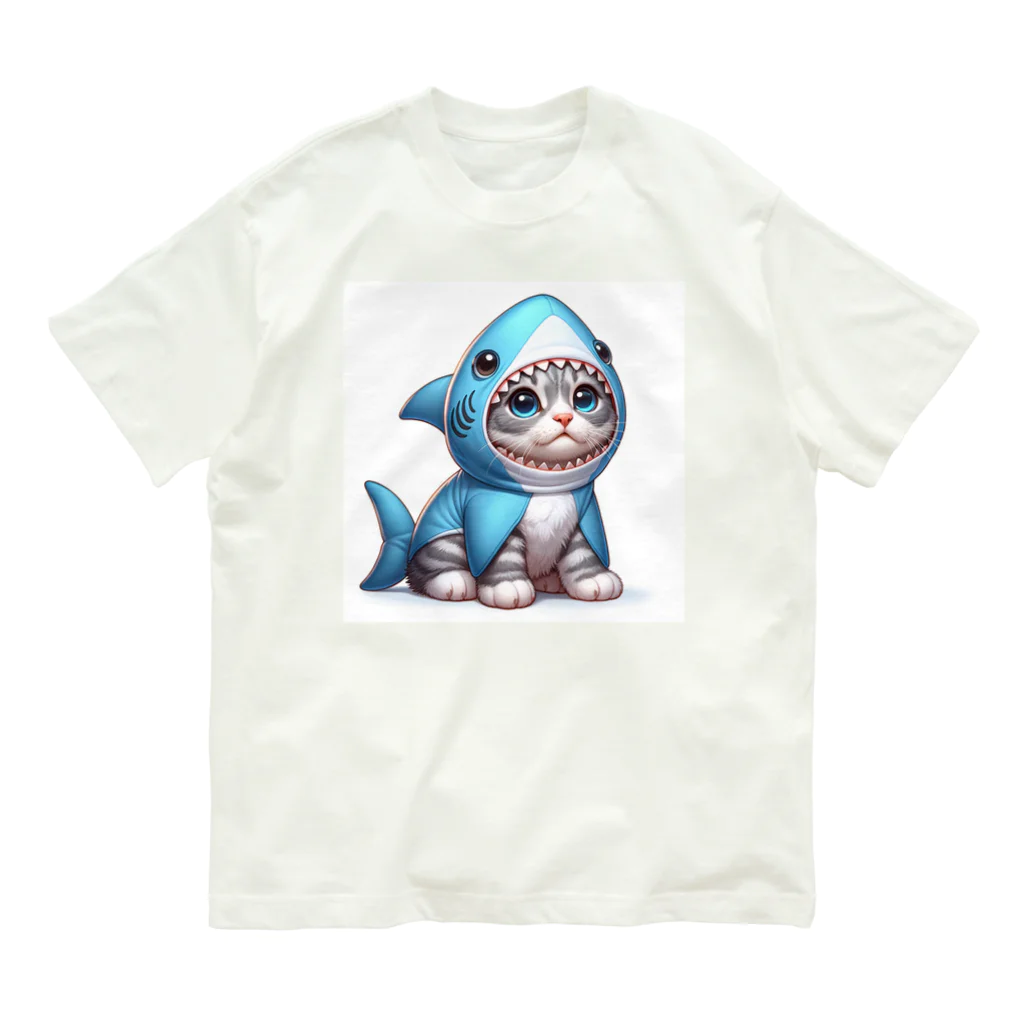 IloveCatのサメのフードを被った子猫 オーガニックコットンTシャツ