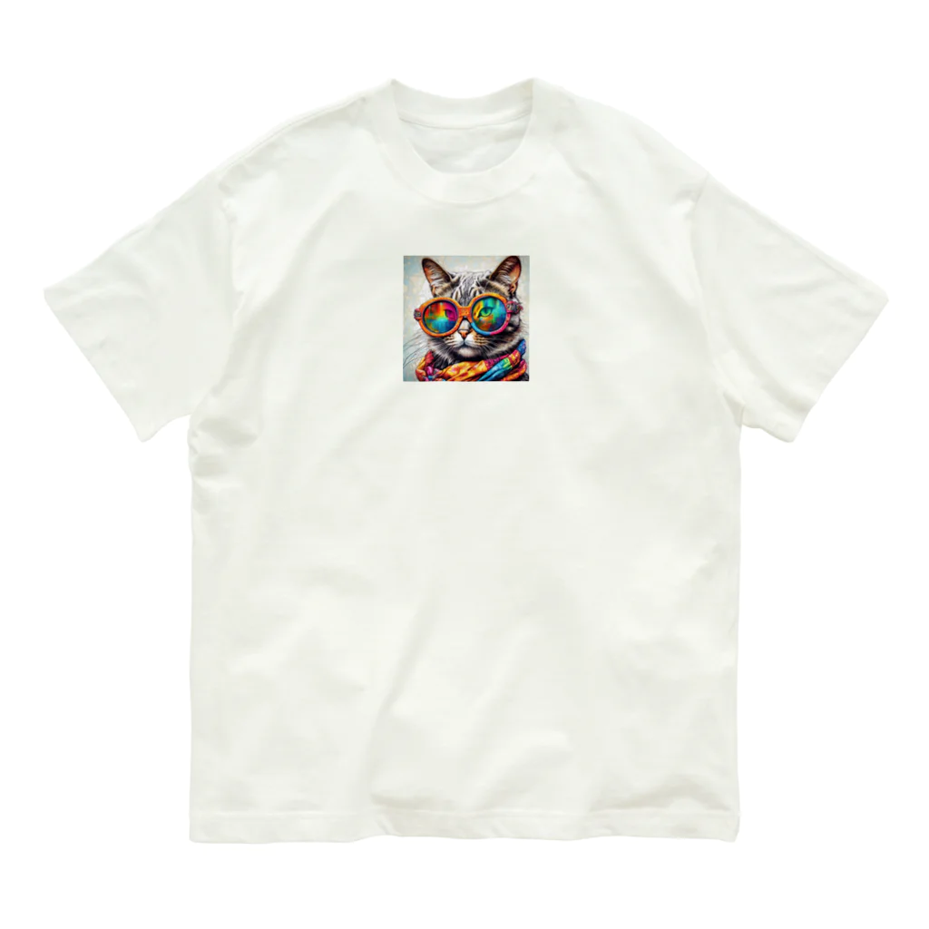 だんのんのカラフルメガネをかけた猫 オーガニックコットンTシャツ