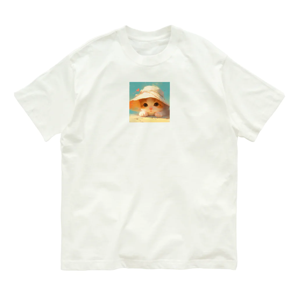 AQUAMETAVERSEの帽子をかぶった可愛い子猫 Marsa 106 オーガニックコットンTシャツ