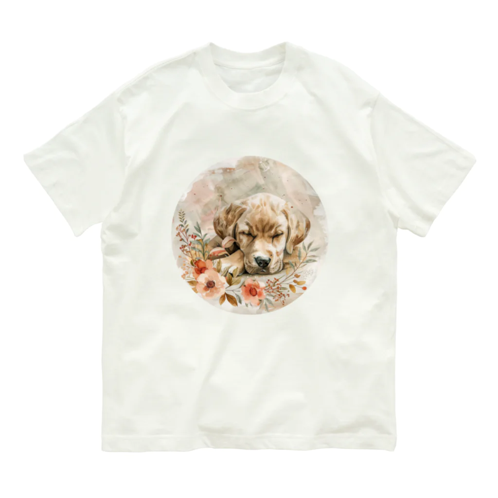 Petia Bloomの水彩風犬と花 オーガニックコットンTシャツ