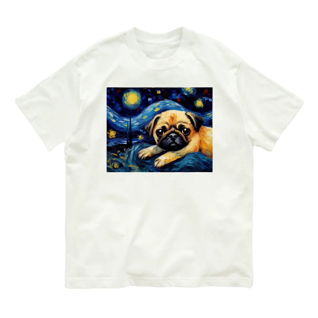 Dog Art Museumの【星降る夜 - パグ犬の子犬 No.3】 オーガニックコットンTシャツ