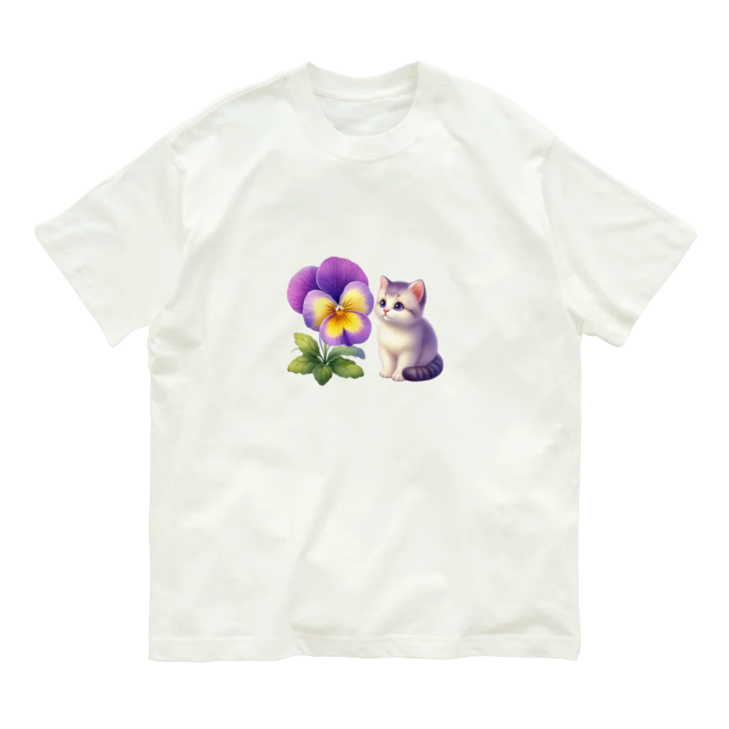 Y m @Y's shopの猫とパンジー オーガニックコットンTシャツ