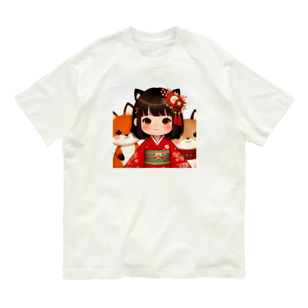 まんまるちゃんの狐娘とかわいい狐 オーガニックコットンTシャツ