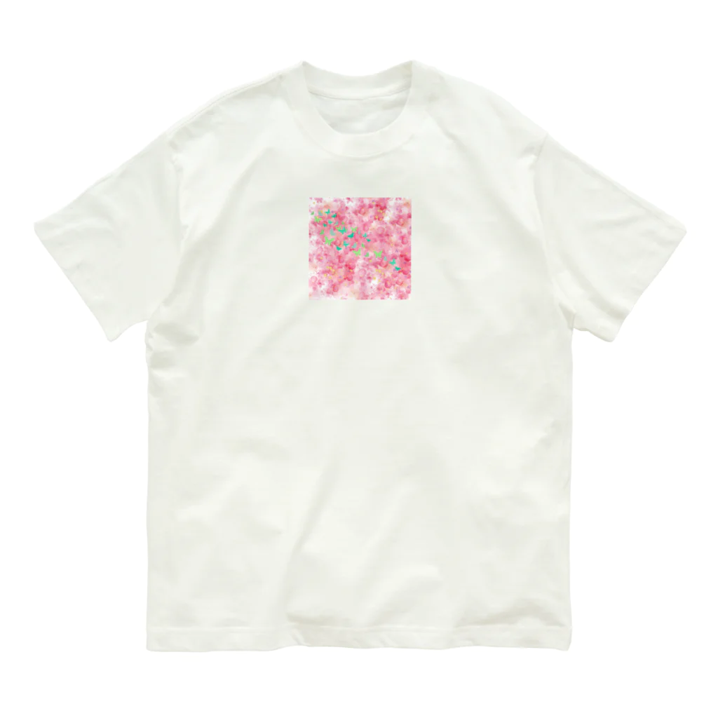 ペコりんショップのピンクフラワーバタフライ オーガニックコットンTシャツ