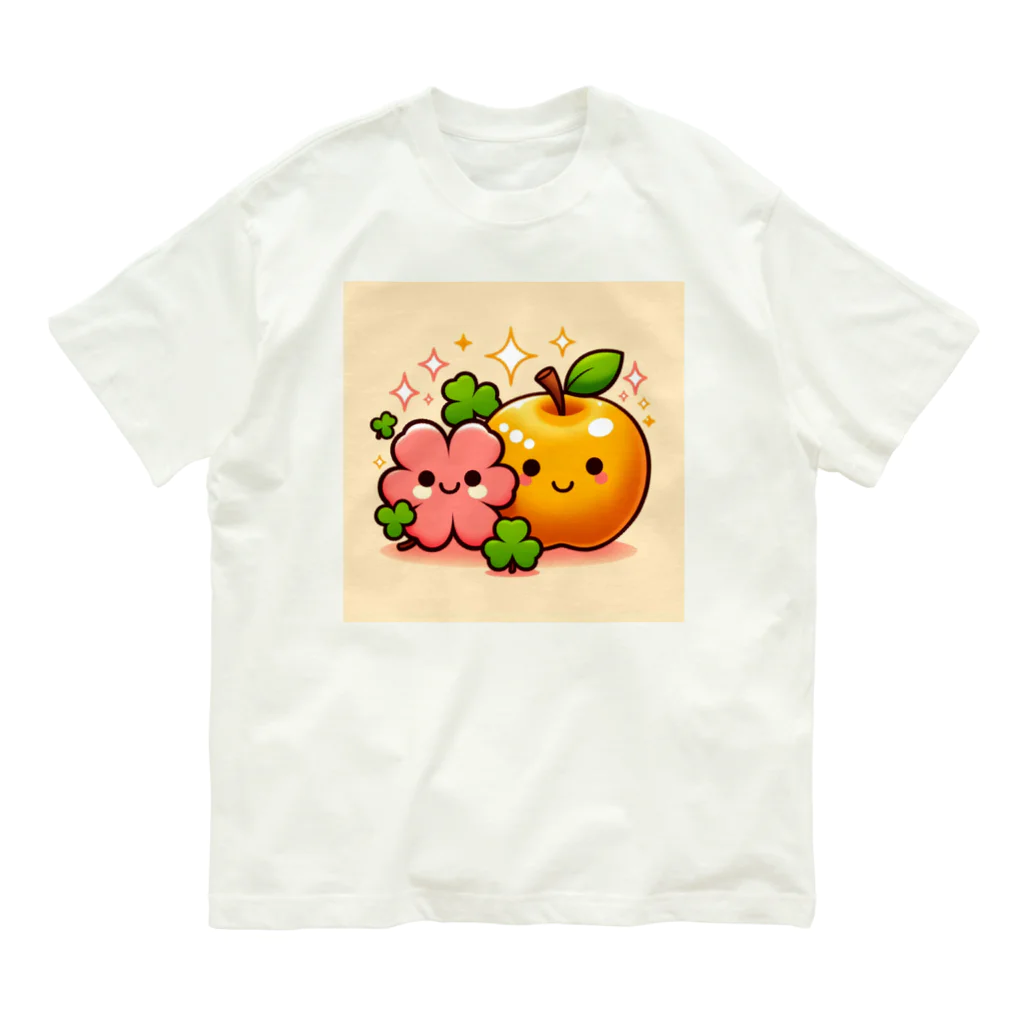 金運上昇金のリンゴの恋愛運アップの金のリンゴとピンクのクローバー オーガニックコットンTシャツ