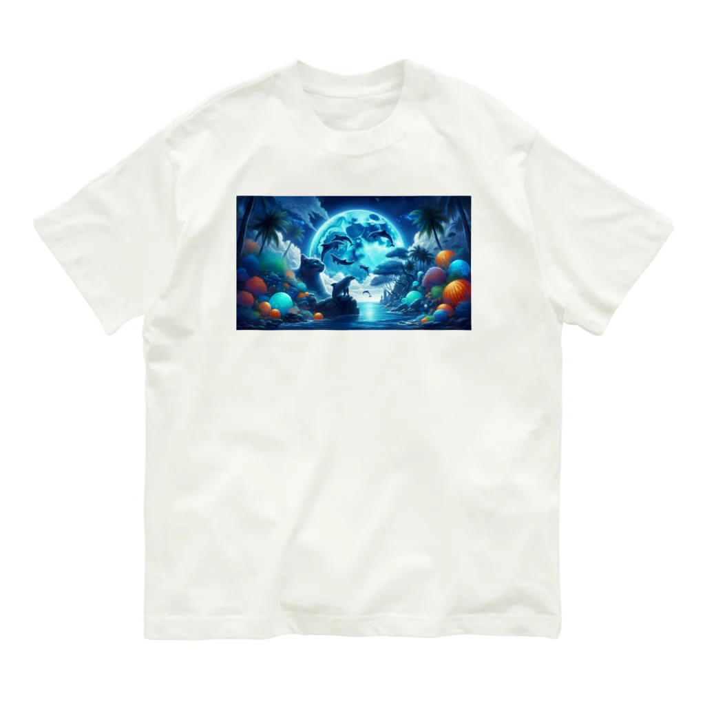 space catの月を見る猫イルカと共に Organic Cotton T-Shirt