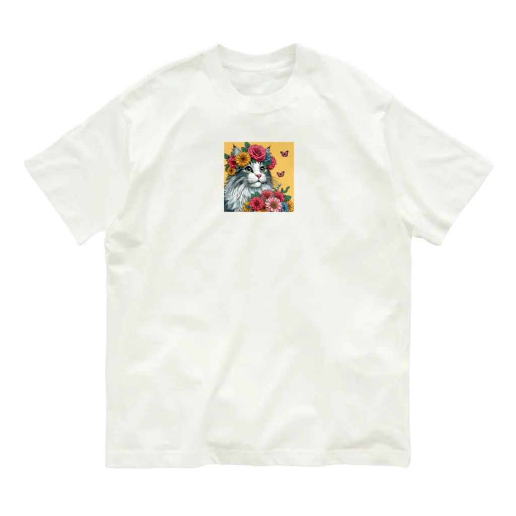 Y m @Y's shopの猫とガーベラ オーガニックコットンTシャツ