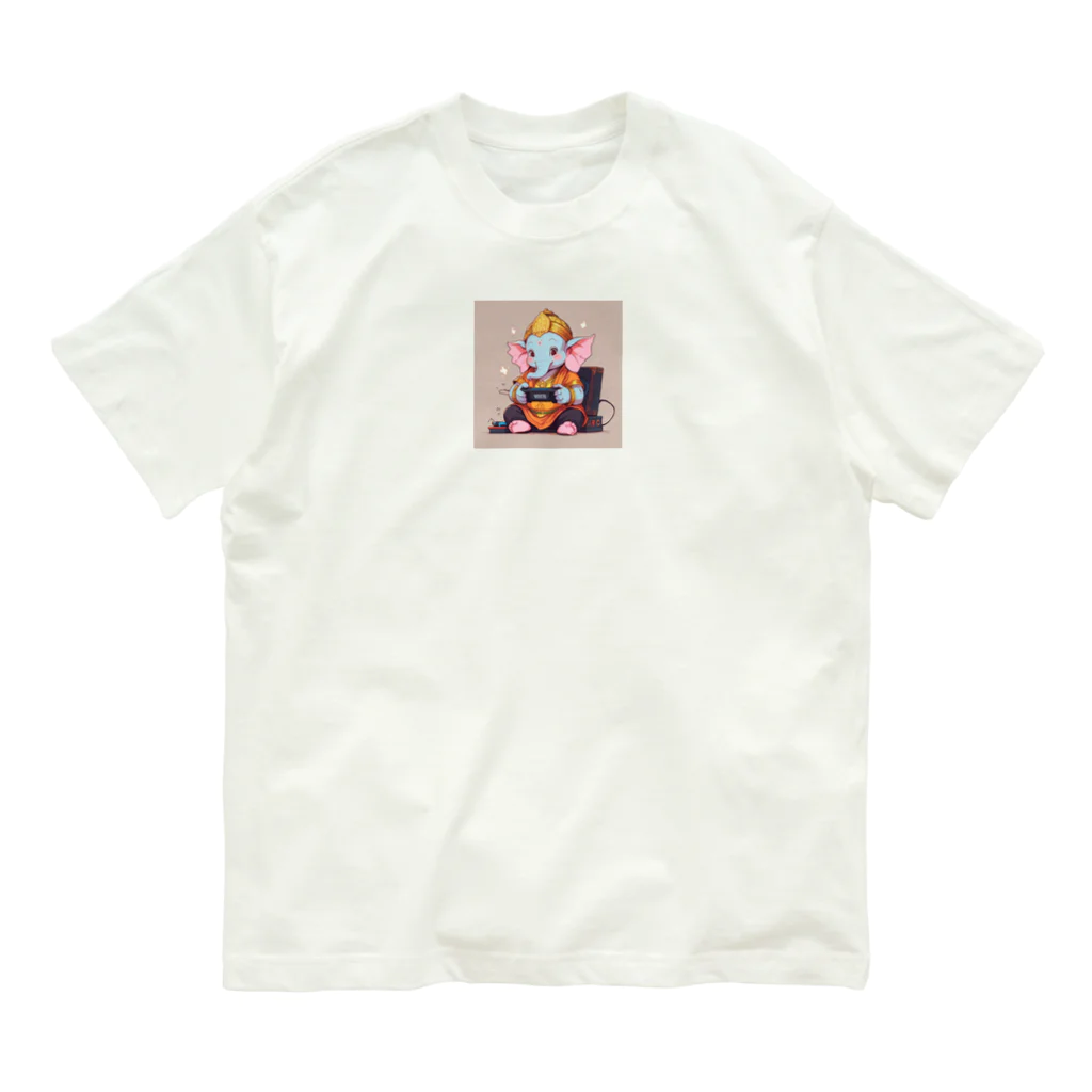 ganeshaのビデオゲームで遊ぶかわいいガネーシャ オーガニックコットンTシャツ