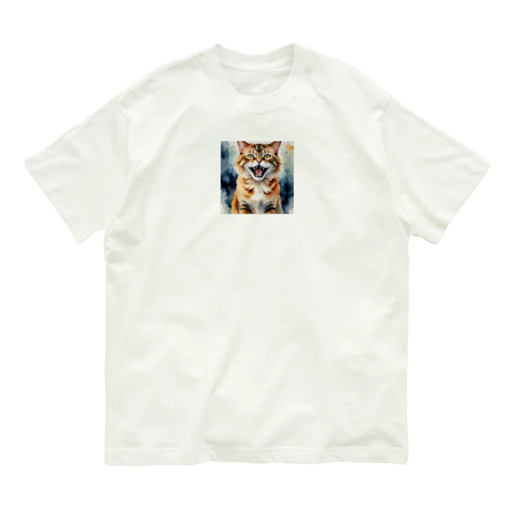 おさけふざけ＠アル中戦隊の怒った猫の表情が鮮やかに描かれた水彩画 オーガニックコットンTシャツ