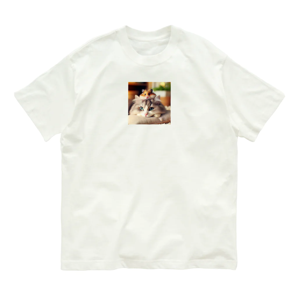 Cartoonの猫とハムスター仲良し Organic Cotton T-Shirt