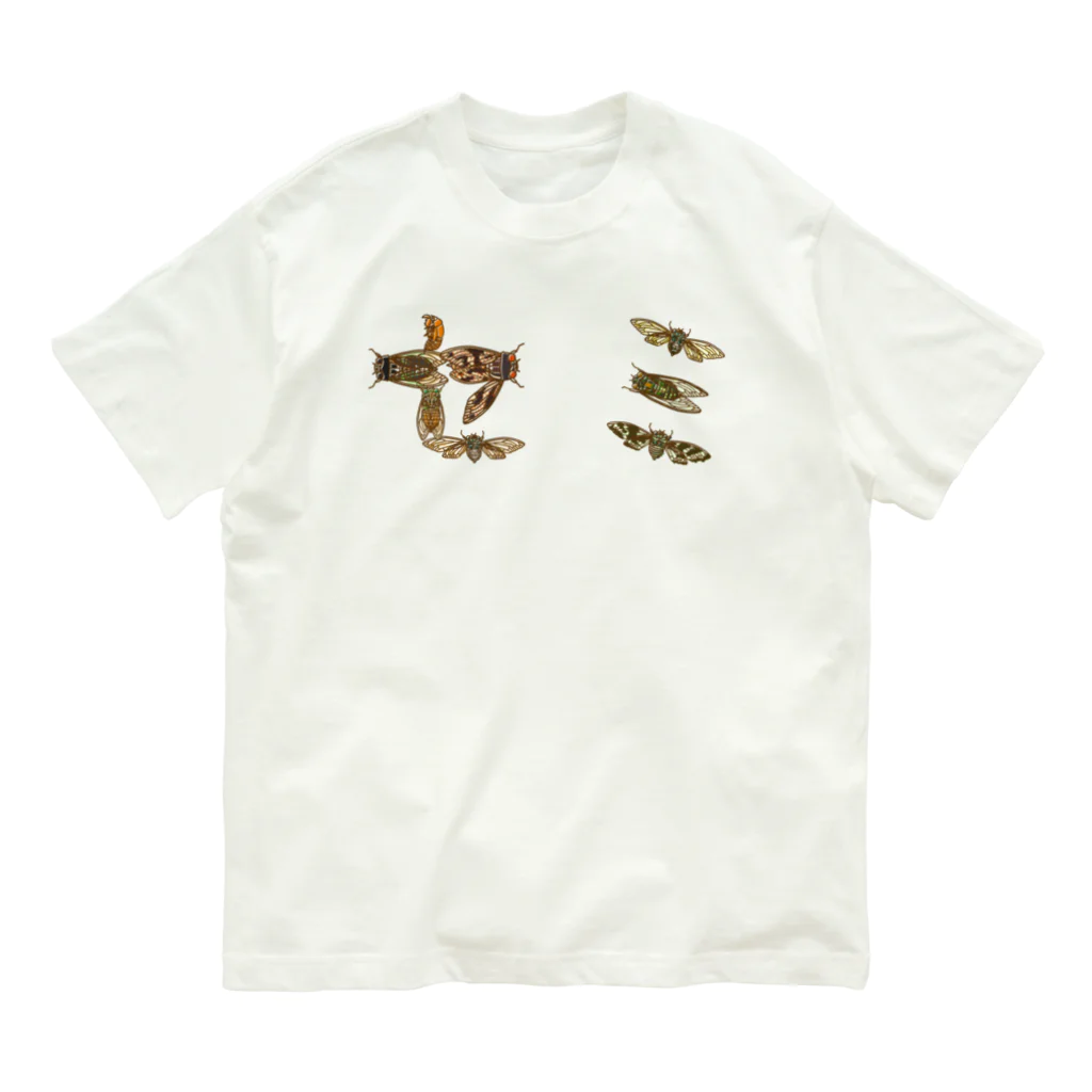 さちこの生物雑貨の昆虫フォント セミ 유기농 코튼 티셔츠