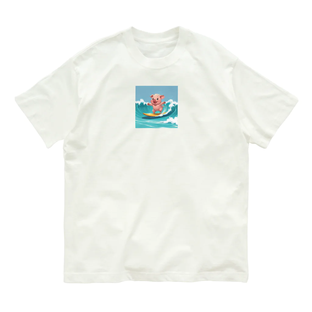 ganeshaのかわいいブタのサーフィンウェーブ Organic Cotton T-Shirt