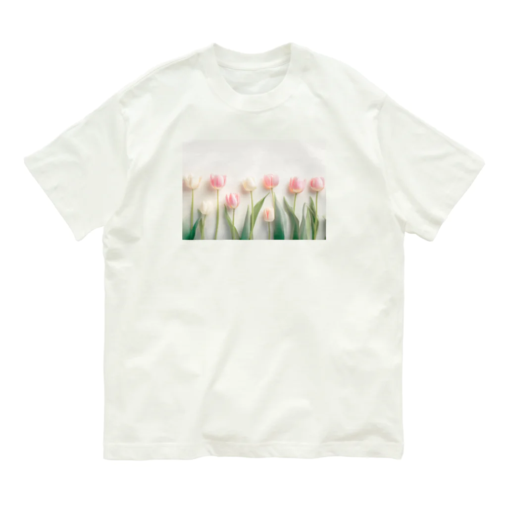 きまぐれ更新ゆるかわイラスト屋さんのピンクと白のチューリップ Organic Cotton T-Shirt