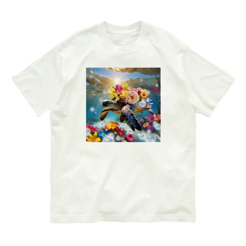 PoooLandの海亀花いっぱい Organic Cotton T-Shirt