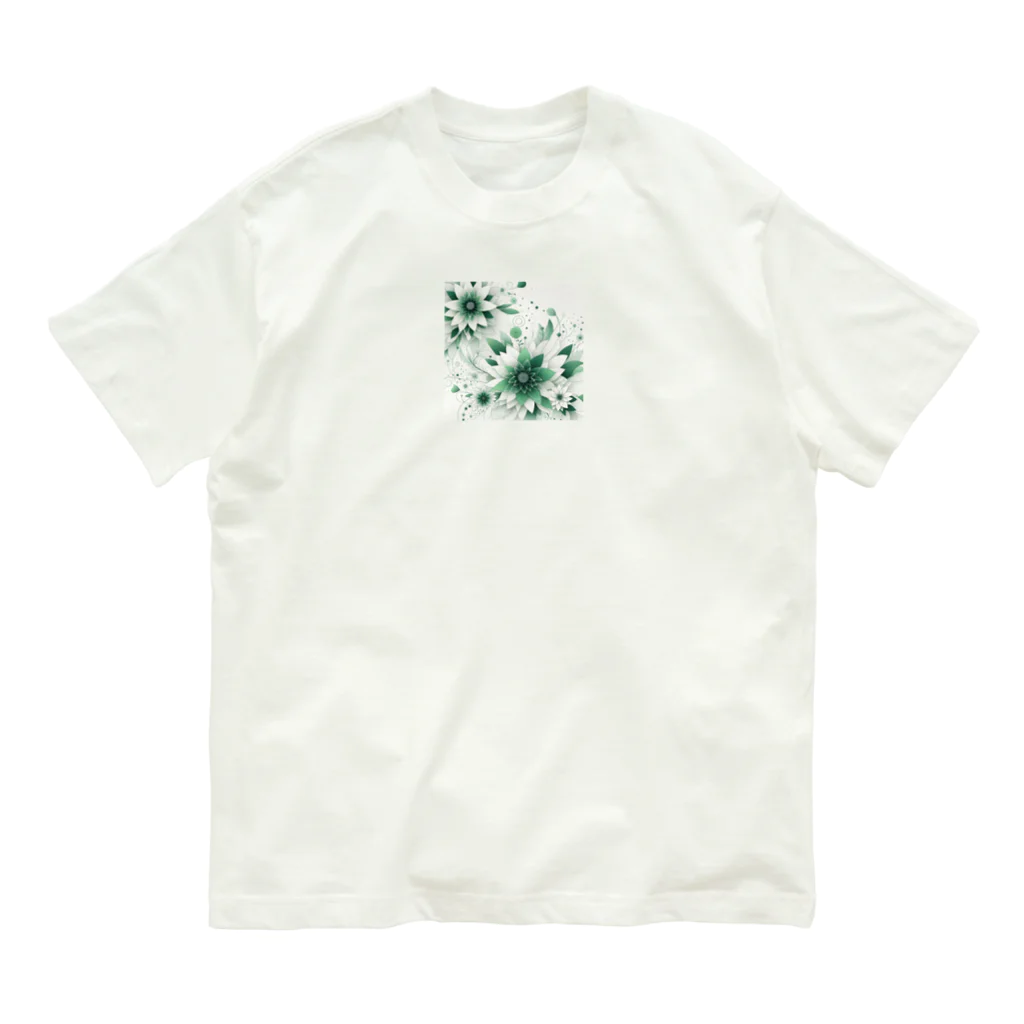 アミュペンの数学的なデザインを持つ緑と白の花 オーガニックコットンTシャツ