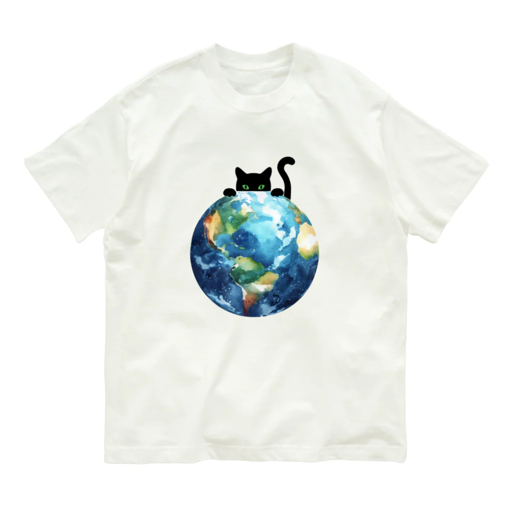 amecatsの地球と黒猫 オーガニックコットンTシャツ