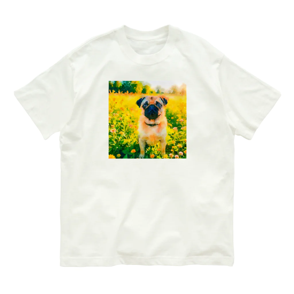 犬好きのしましまの水彩画の犬 花畑のパグのイラスト Organic Cotton T-Shirt