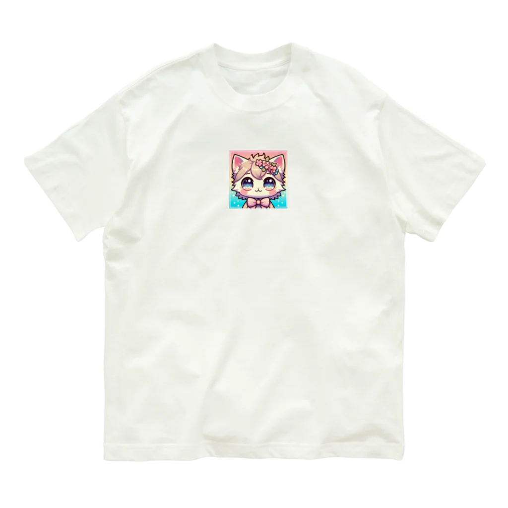 キュート＆クールのアニメ調・花ねこ オーガニックコットンTシャツ