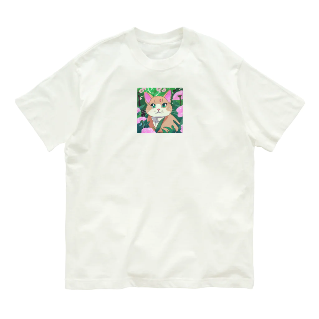 キュート＆クールのアニメ調・花畑の猫 オーガニックコットンTシャツ