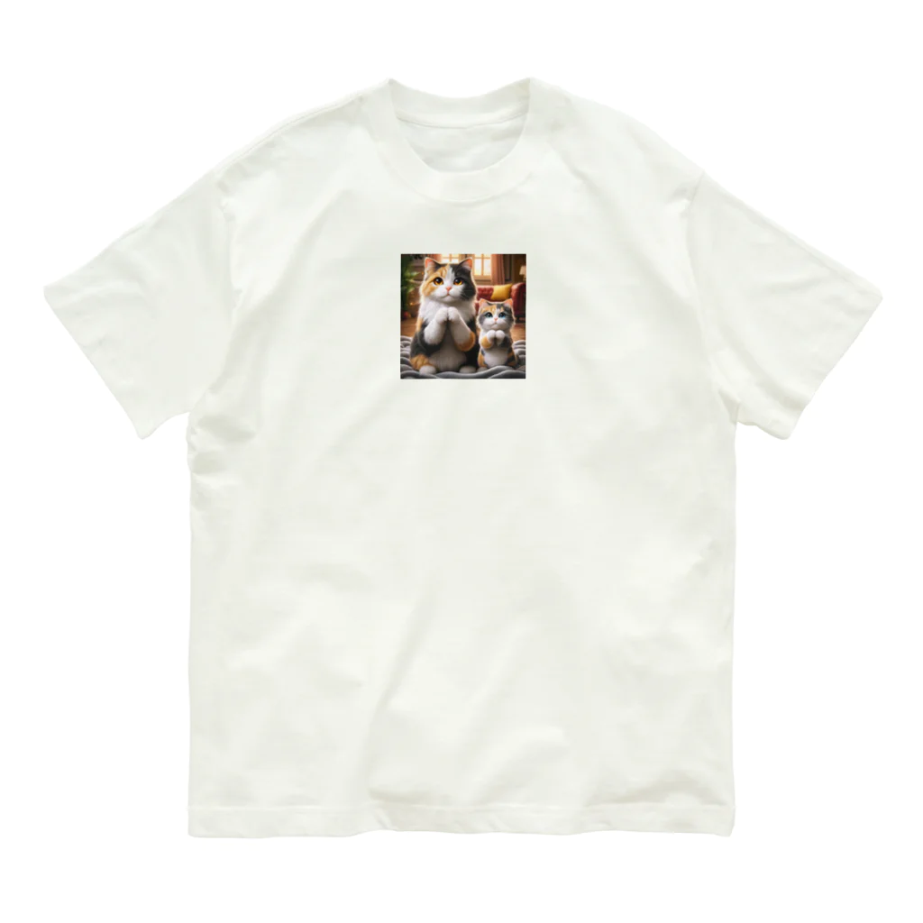 亀蘭タマムシの三毛猫親子のお願い Organic Cotton T-Shirt