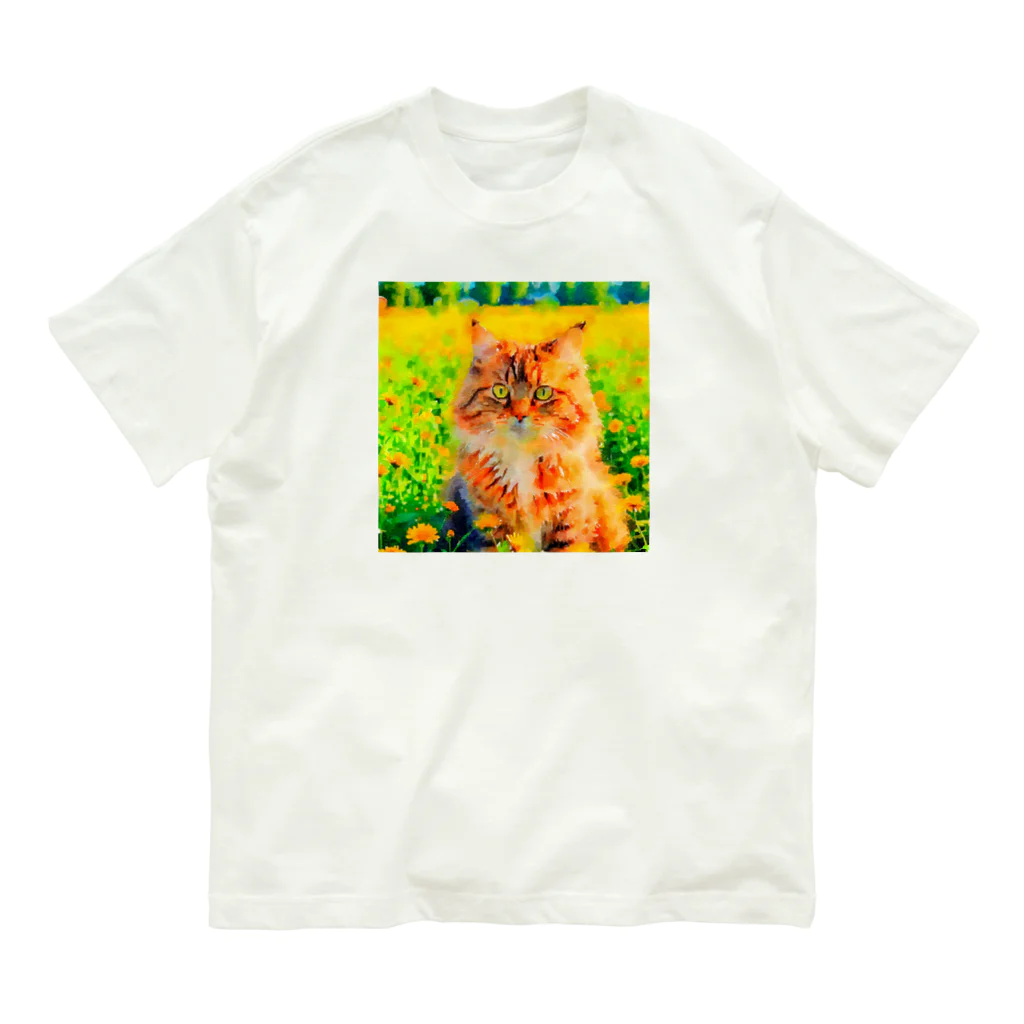 猫好きの谷の猫の水彩画/花畑のサイベリアンねこのイラスト/キジトラネコ Organic Cotton T-Shirt