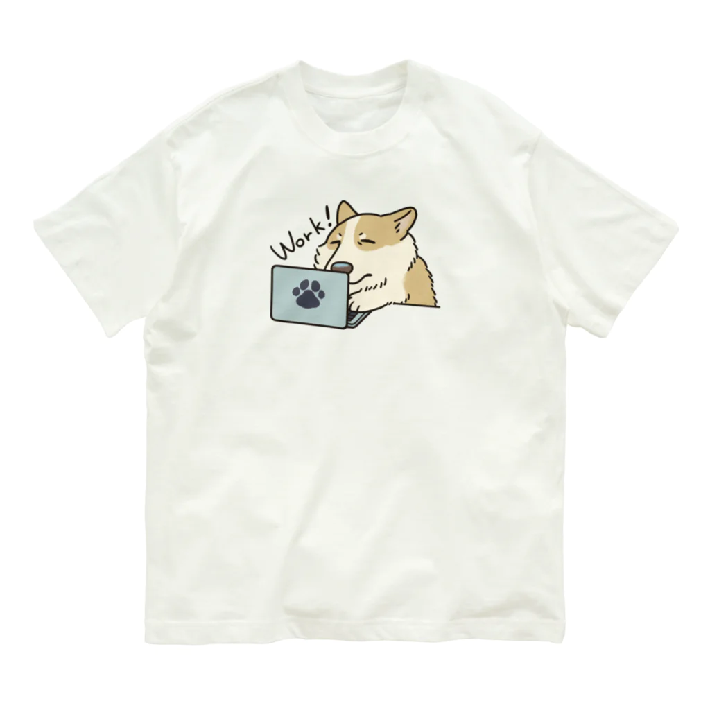 ぼわぼわのいぬ/ Bowa Bowa Doggoの働くコーギー/ Working Corgi オーガニックコットンTシャツ