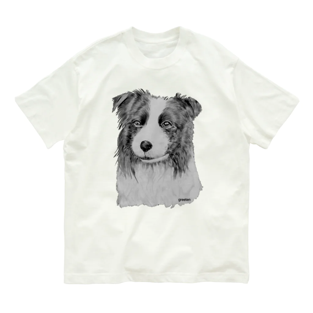 greetenのボーダーコリー　アート犬モノクロ オーガニックコットンTシャツ