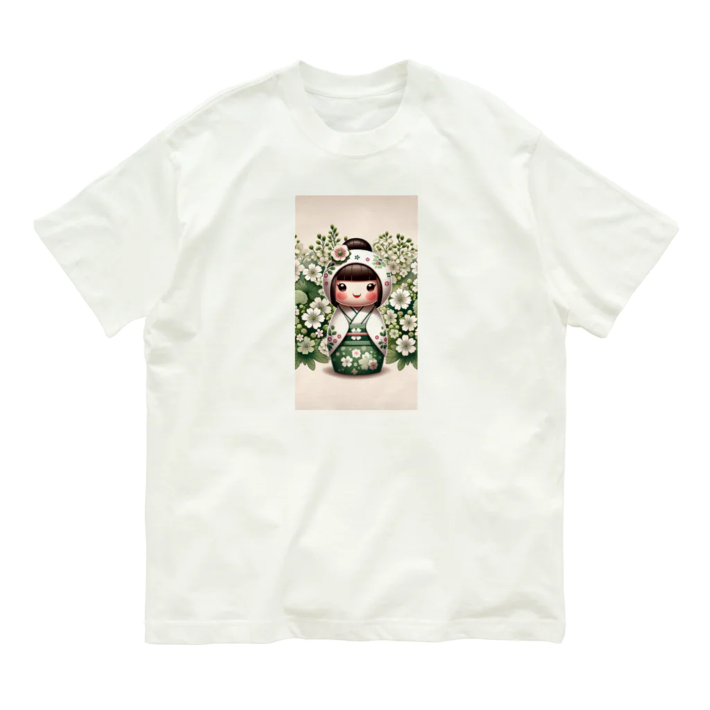 ぷぷオレンジのkokeshi dolls白い花 Organic Cotton T-Shirt