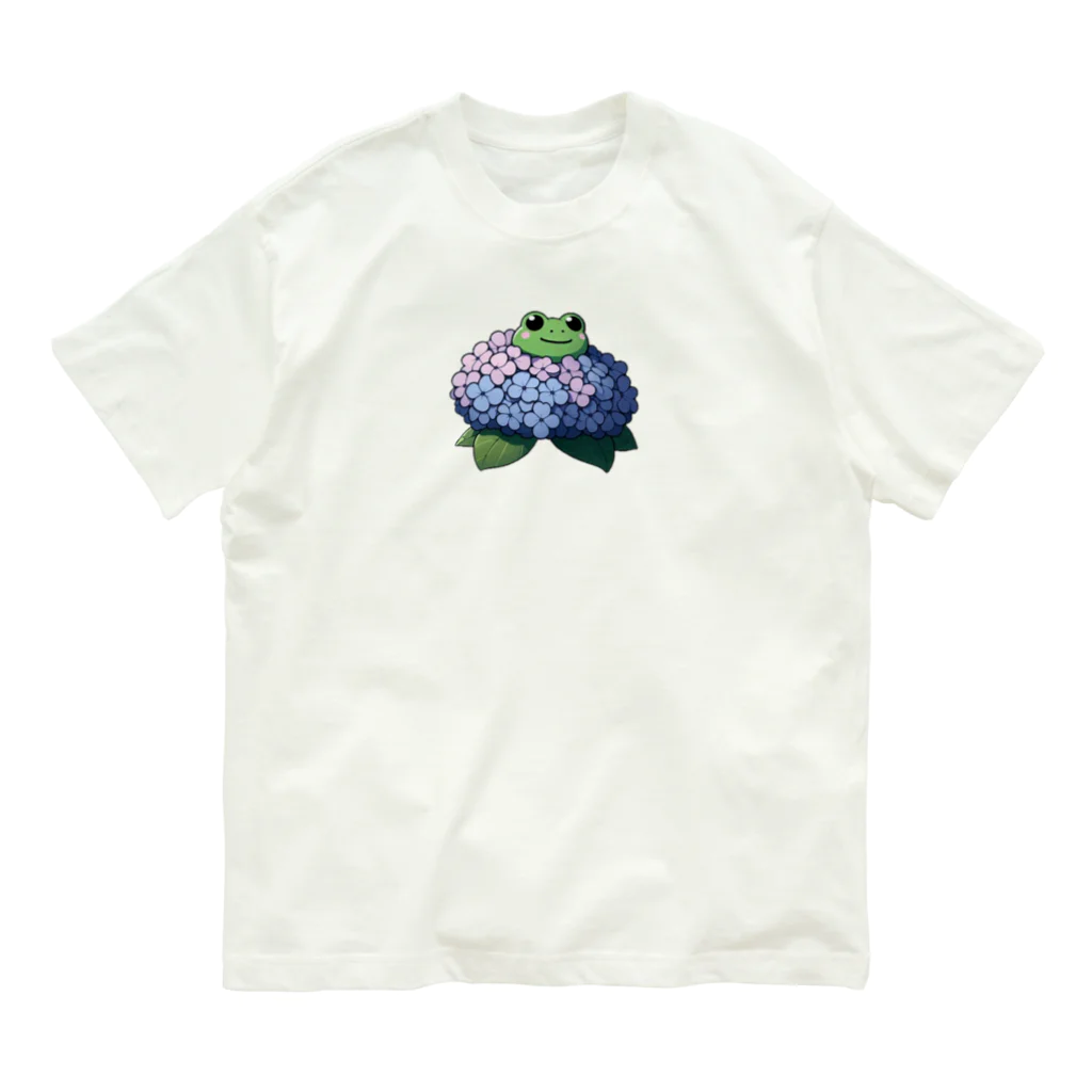 終わらない夢🌈の紫陽花の花と可愛いアマガエル🐸 Organic Cotton T-Shirt