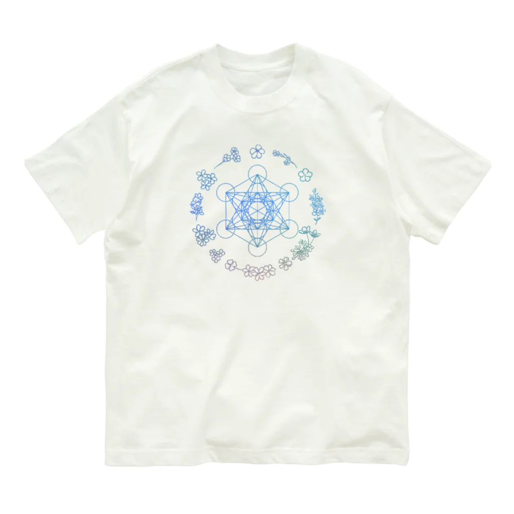 Metatron’s Cube Cosmosのメタトロンキューブ神聖幾何学と優しいパステルカラーの花のリース Organic Cotton T-Shirt