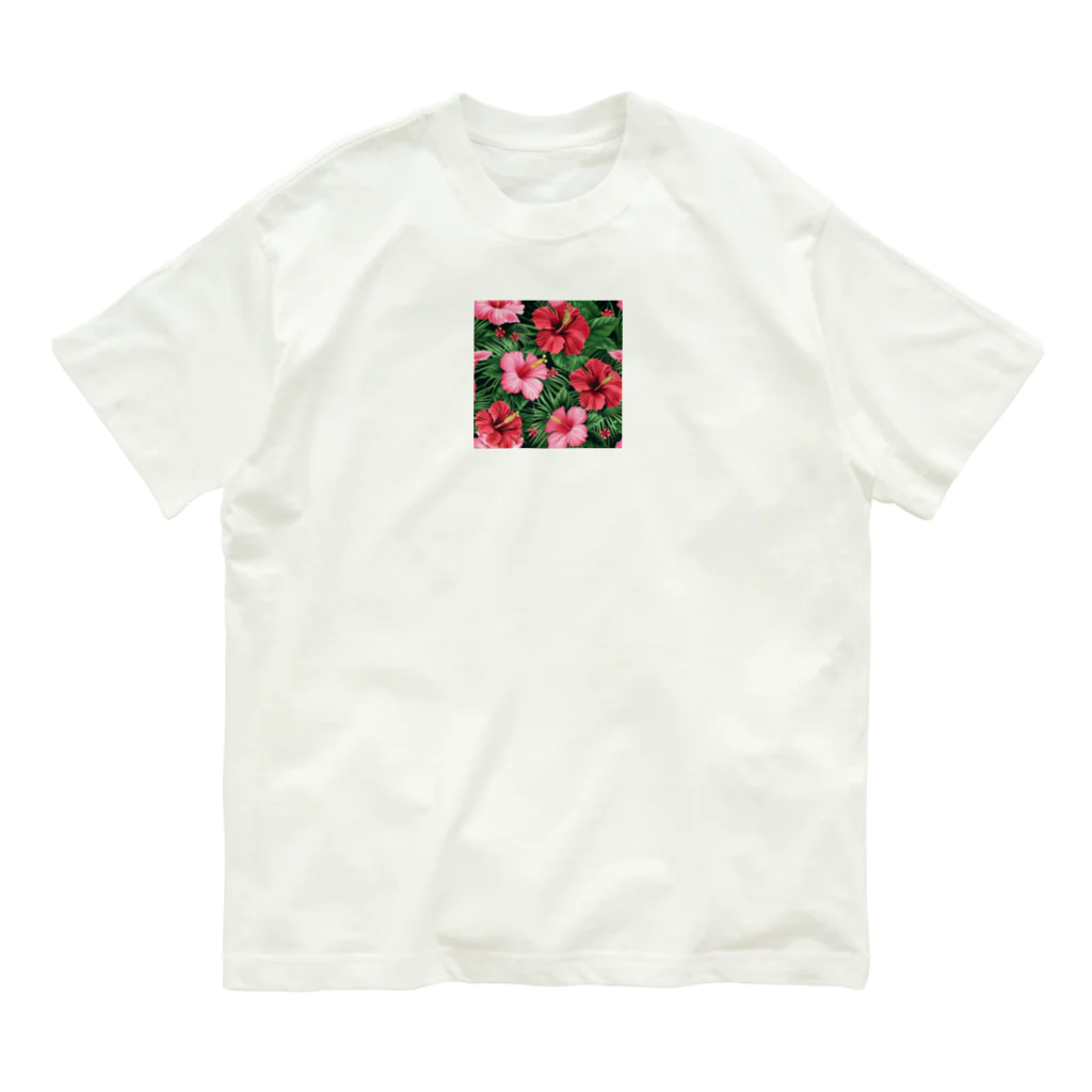 オンラインショップイエローリーフの赤色の花ハイビスカス オーガニックコットンTシャツ