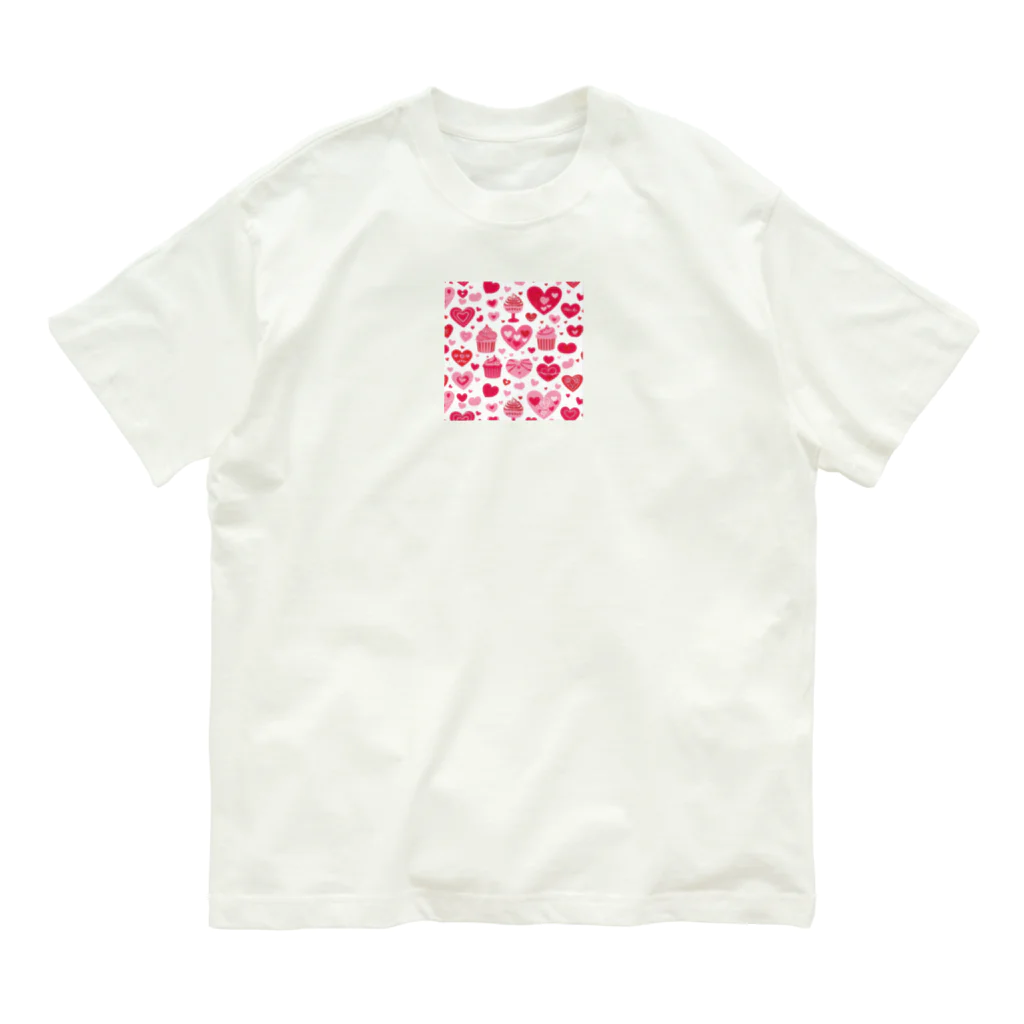 オンラインショップイエローリーフのハート　ピンク　赤　可愛い　ケーキ オーガニックコットンTシャツ