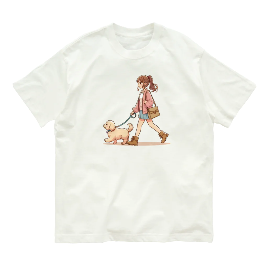 南国のかわいい犬と散歩をする女性 Organic Cotton T-Shirt