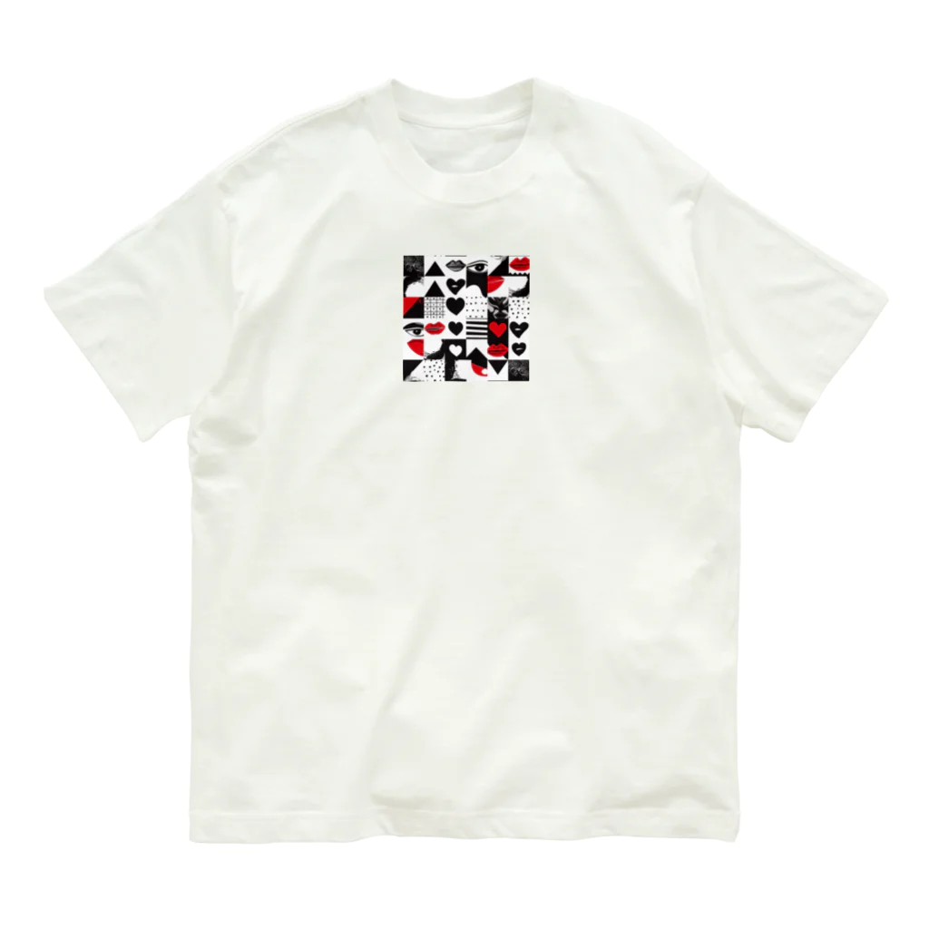 オンラインショップイエローリーフのハート　赤　黒　唇　三角形　ハーフ　可愛い オーガニックコットンTシャツ