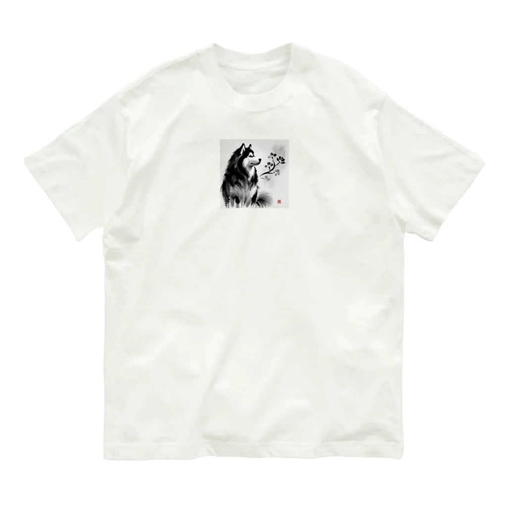 Zawashopの水墨画風シベリアンハスキー Organic Cotton T-Shirt