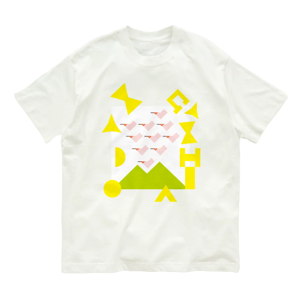 inae-doの朱鷺と金山（白背景つき） オーガニックコットンTシャツ