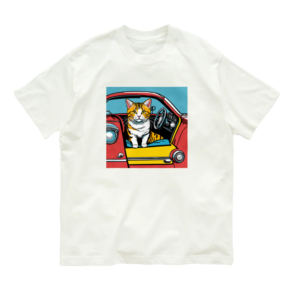 Three Bellsのドライブ猫ちゃん　カラフルアート オーガニックコットンTシャツ