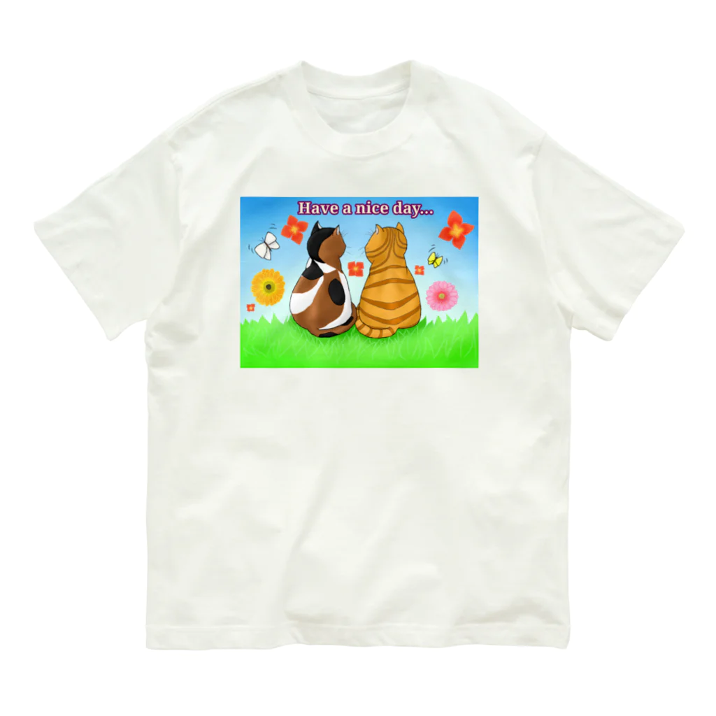 Lily bird（リリーバード）の仲良し猫さん 英語ロゴ付き Organic Cotton T-Shirt