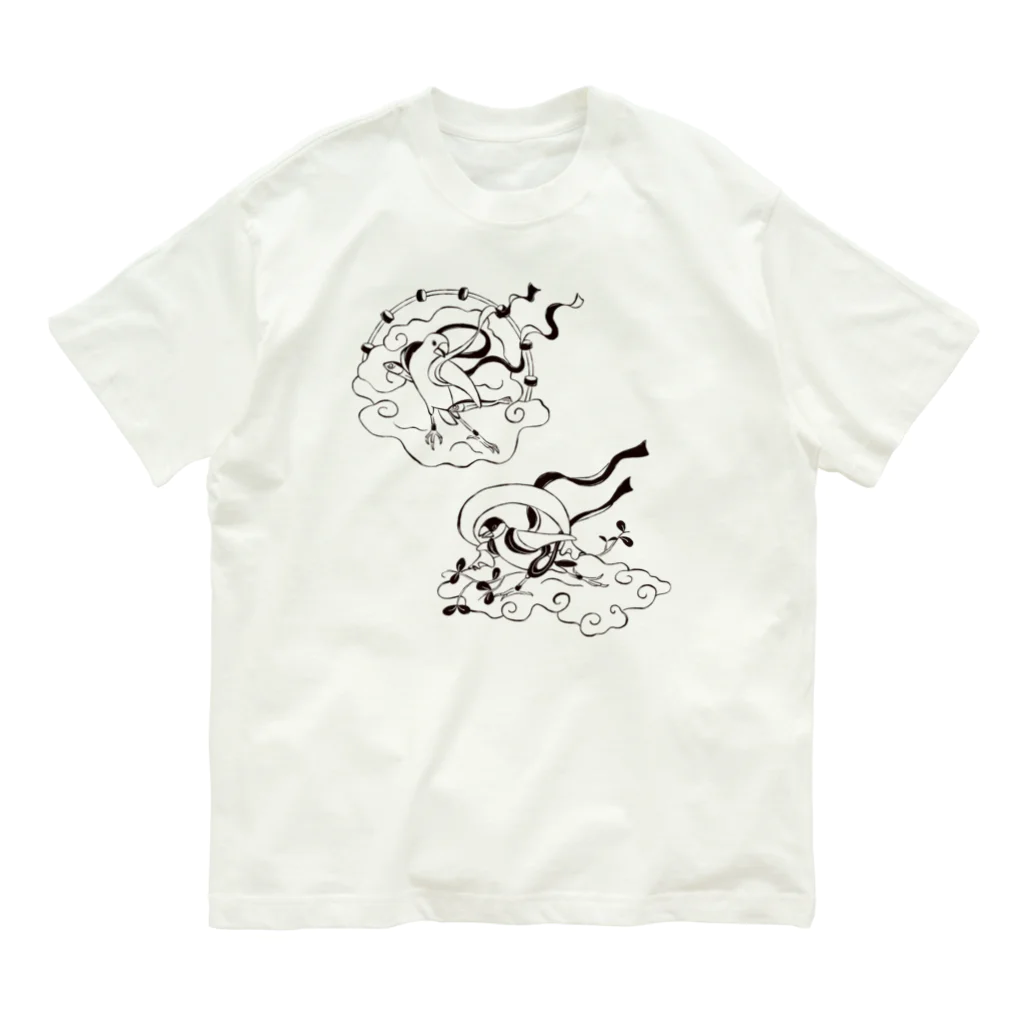 もしもしこちら文鳥の文鳥風神雷神図　モノクロ オーガニックコットンTシャツ