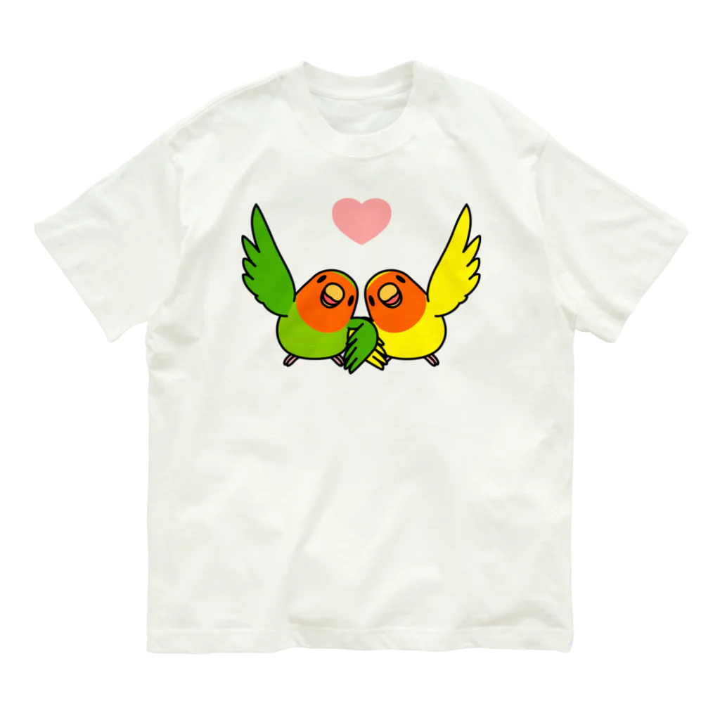 まめるりはことりのハイタッチなかよしコザクラインコ【まめるりはことり】 オーガニックコットンTシャツ